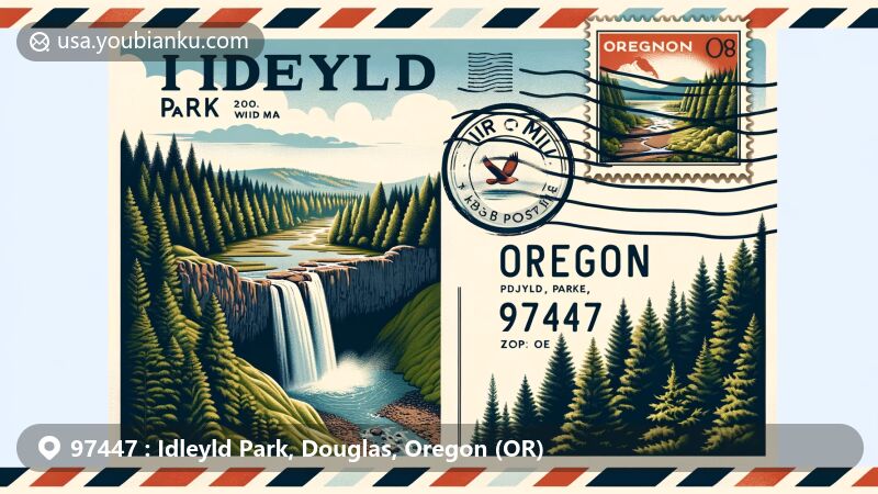 Modern illustration of Idleyld Park, Douglas, Oregon, showcasing Watson Falls, lush forests, and Oregon state flag on a postcard with ZIP code 97447, featuring air mail envelope and vintage postage stamp of Umpqua National Forest.