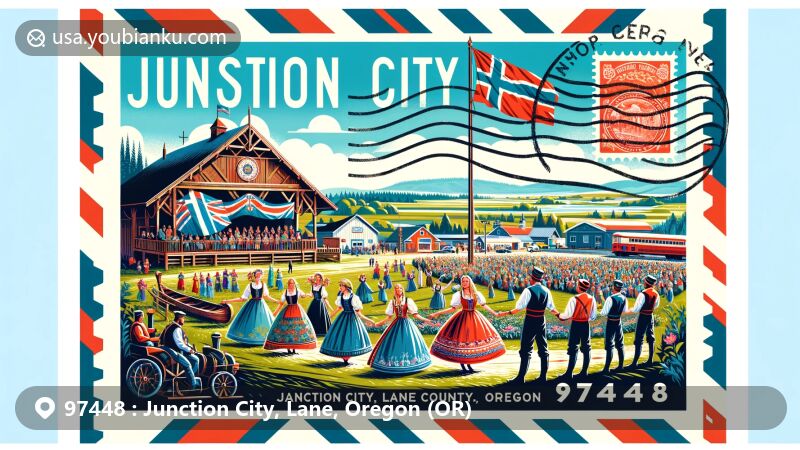 Modern illustration of Junction City, Lane County, Oregon, capturing the essence of its Scandinavian heritage and traditional Scandinavian Festival, featuring folk costumes, dances, and crafts, along with the Oregon state flag and Willamette Valley silhouette.