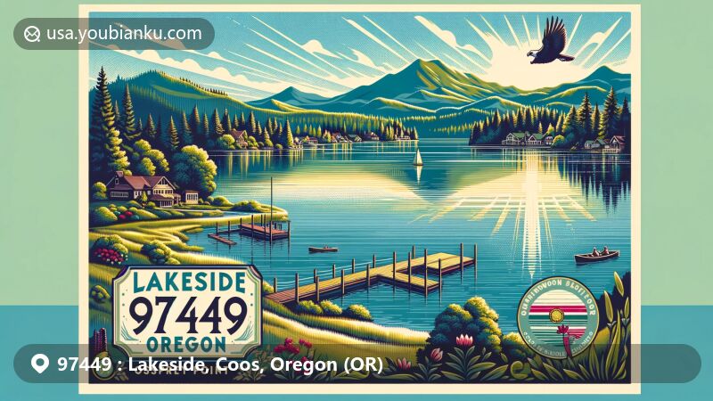 Modern illustration of Lakeside, Oregon, showcasing postal theme with ZIP code 97449, featuring Tenmile Lake and Oregon state symbols.