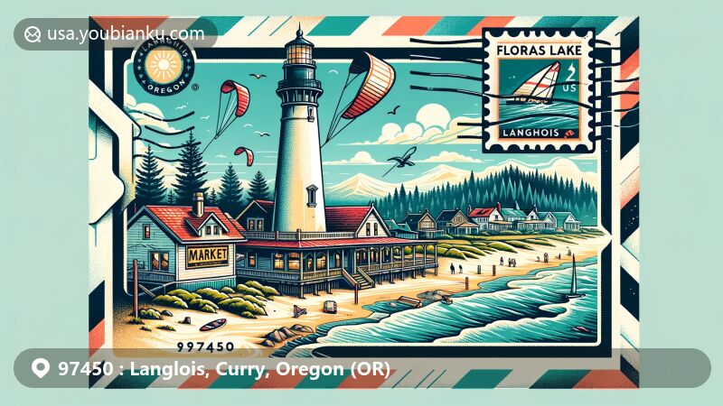 Modern illustration of Langlois, Oregon, showcasing postal theme with ZIP code 97450, featuring Langlois Market and Floras Lake backdrop with kiteboarding and windsurfing activities.