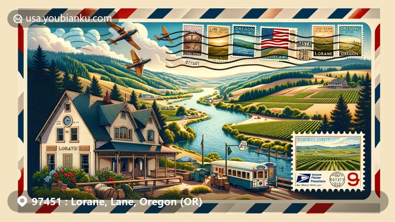Modern illustration of Lorane, Lane County, Oregon, with ZIP code 97451, featuring scenic beauty, postal elements, and cultural symbols like the Lorane post office, Chateau Lorane Winery, Siuslaw River, and Oregon state flag.