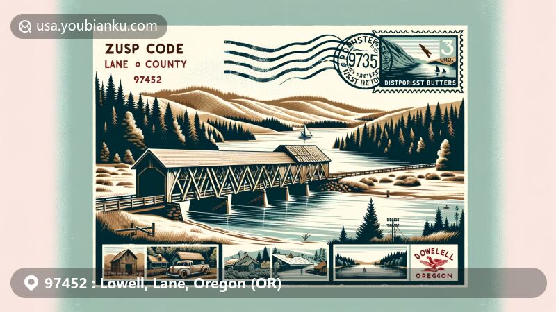 Vivid illustration of Lowell, Lane County, Oregon, capturing Dexter Reservoir and Lowell Bridge with Disappointment Butte in the background, showcasing postal motifs and symbolic elements of Lowell's history.