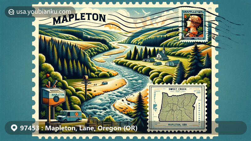 Modern illustration of Mapleton, Oregon, featuring Sweet Creek Falls, Siuslaw River, and postal theme with ZIP code 97453, set in a picturesque countryside with big-leaf maple trees.