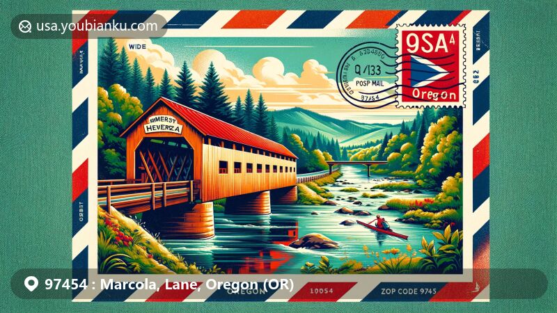 Modern illustration of Marcola, Lane County, Oregon, highlighting postal theme with ZIP code 97454, featuring Mohawk River, Earnest Bridge-inspired covered bridge, airmail envelope, and Oregon state flag.