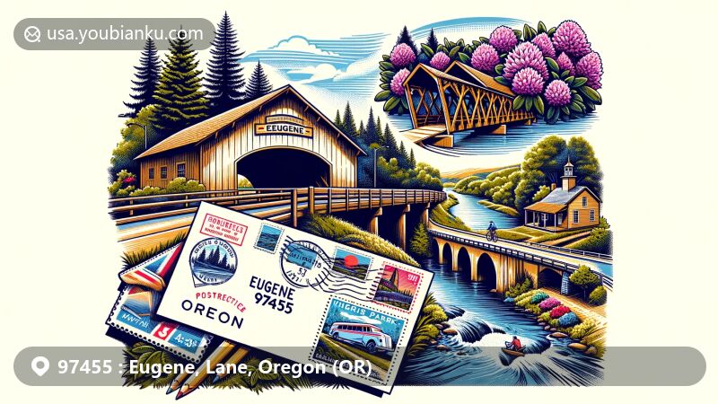 Modern illustration of Eugene, Oregon, celebrating ZIP code 97455 with iconic covered bridges, Willamette River Bike Trail, and rhododendron gardens of Hendricks Park, creatively integrated into a postal theme.
