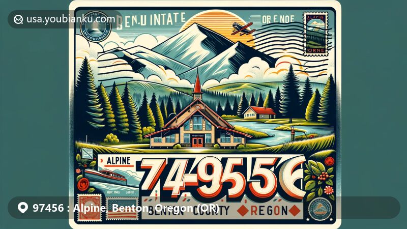 Modern illustration of Alpine, Benton County, Oregon, showcasing scenic loop with Alpine Community Center, Central Oregon Coast Range landscapes, and vintage postal theme highlighting ZIP code 97456.