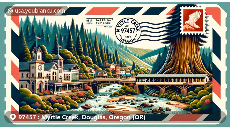 Modern illustration of Myrtle Creek, Oregon, Douglas County, with postal theme ZIP code 97457, showcasing Oregon myrtle trees, Neal Lane Bridge, and historic Schiltz Building and Methodist Episcopal Church.