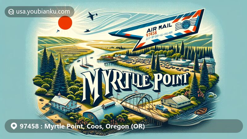 Vibrant illustration of Myrtle Point, Oregon, illustrating ZIP code 97458 with a postal theme, featuring Coos County Fairgrounds and myrtle trees along the Coquille River.
