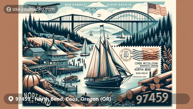 Modern illustration of North Bend, Oregon, with ZIP code 97459, featuring maritime themes, including the iconic Conde McCullough Memorial Bridge, the lush Oregon Dunes, and symbols of early economic activities like shipbuilding and timber harvesting. A vintage air mail envelope, a postage stamp with '97459,' and a North Bend, OR postmark add a historical postal touch.