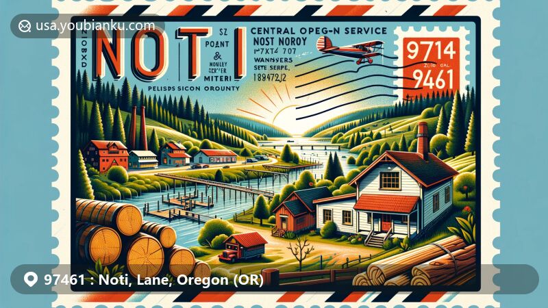 Modern illustration of Noti, Lane County, Oregon, highlighting postal theme with ZIP code 97461, featuring Noti post office, lumber mills, and scenic beauty of Central Oregon Coast Range.