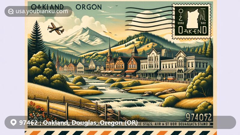 Vintage-style illustration of Oakland, Oregon, ZIP code 97462, featuring historic downtown and natural beauty of Calapooya Creek, with postal elements of vintage postage stamp, '97462' ink stamp, and rural Oregon mail delivery.