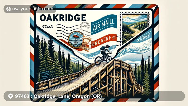 Contemporary illustration of Oakridge, Lane County, Oregon, showcasing 'Oregon is Magic' mural inside air mail envelope, depicting mountain biker on wooden ramp in Willamette National Forest. Includes Oregon state flag stamp and ZIP code 97463.