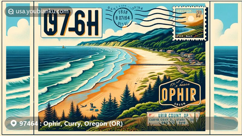 Modern illustration of Ophir Beach, Curry County, Oregon, featuring ZIP code 97464, showcasing tranquil sandy shore and Pacific Ocean backdrop in vibrant colors.