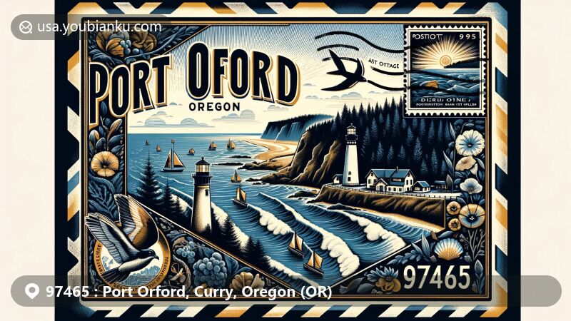 Modern illustration of Port Orford, Curry, Oregon, showcasing vintage airmail envelope theme with ZIP code 97465, highlighting Cape Blanco Lighthouse, Battle Rock, rugged coastline, Siskiyou National Forest, local flora and fauna.