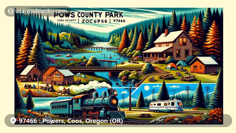 Modern illustration of Powers, Oregon, featuring postal theme with ZIP code 97466, highlighting natural beauty including lush forests, South Fork Coquille River, and Powers County Park with camping scene and outdoor amenities.