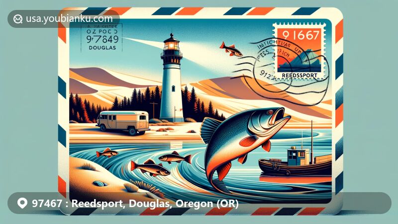 Creative digital illustration of Reedsport, Douglas, Oregon, featuring Umpqua River Lighthouse, Oregon Dunes, air mail envelope with scenic elements like Umpqua River, smallmouth bass, and ATV.
