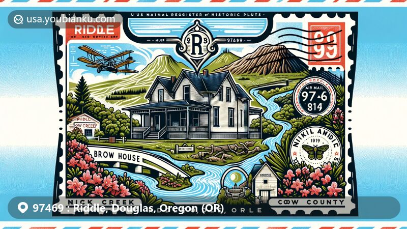 Illustration of historic Brown House built in 1894, Nickel Mountain, and Cow Creek in Riddle, Oregon.
