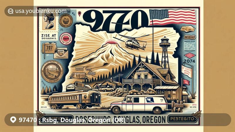 Modern illustration of Roseburg, Douglas County, Oregon, inspired by iconic Oregon landmarks and natural beauty, featuring stylized map outline, Oregon state flag, Timberline Lodge, vintage postage stamp, postal elements, and vibrant colors.