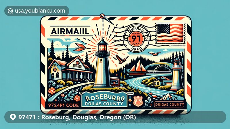 Modern illustration of Roseburg, Douglas County, Oregon, showcasing postal theme with ZIP code 97471, featuring Douglas County Museum, Umpqua River Lighthouse, and scenic Umpqua River Valley symbols.