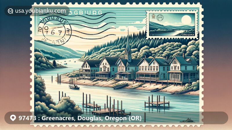 Modern illustration of Scottsburg, Oregon, along the Umpqua River, highlighting historical buildings and peaceful river setting.
