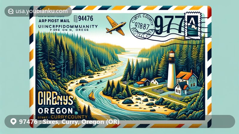 Vibrant illustration of Sixes, Oregon area with ZIP code 97476, featuring creatively designed air mail envelope showcasing natural beauty and local landmarks such as Cape Blanco Lighthouse and Sixes River.