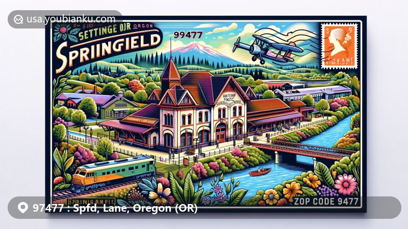 Illustration of ZIP code 97477 (Spfd, Lane, Oregon), featuring historic Southern Pacific depot, local public library, and natural beauty of Southern Willamette Valley. Includes vintage postal elements like airmail envelope, stamps, and postmark.