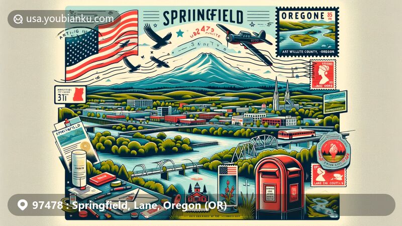 Modern illustration of Springfield, Lane County, Oregon, with postal theme, featuring Mount Pisgah, McKenzie River, Oregon state flag, Lane County outline, vintage air mail envelope, local landmark stamps, ZIP code '97478', and a red post box.
