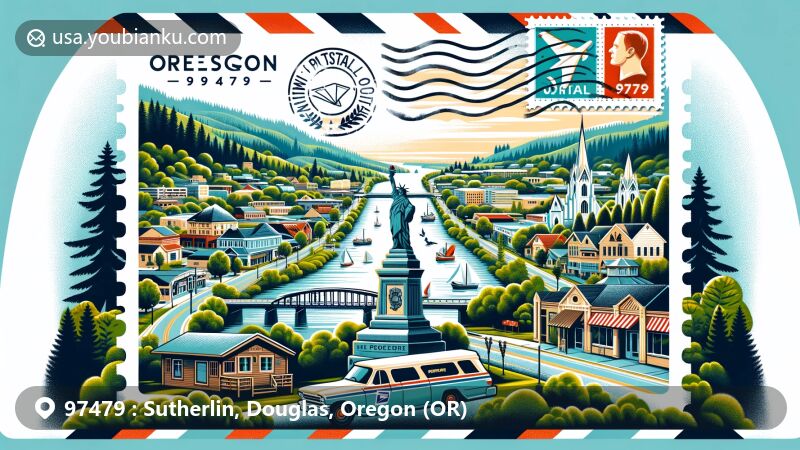 Creative postcard illustration of Sutherlin, Oregon, in Douglas County, highlighting Umpqua River and Sutherlin Veterans Memorial, capturing natural beauty and community pride.
