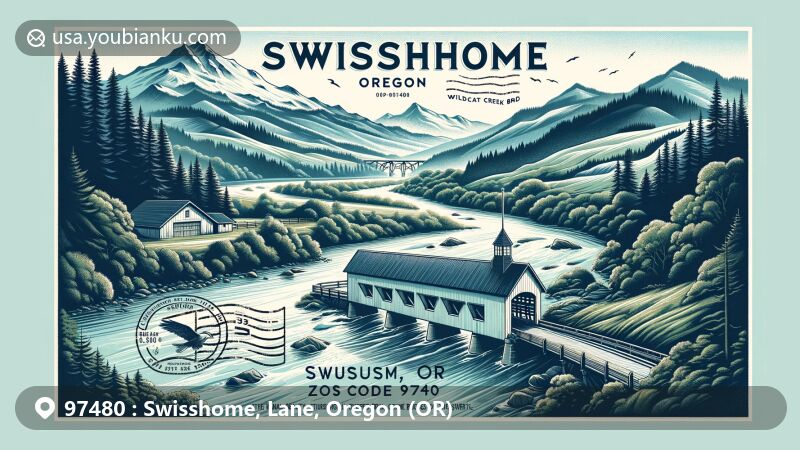 Modern illustration of Swisshome, Oregon, featuring ZIP code 97480, showcasing Siuslaw River, Deadwood Creek Bridge, and Wildcat Creek Bridge, symbolizing the area's history and natural beauty.