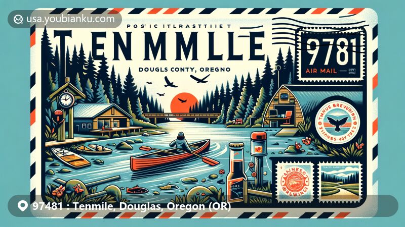 Modern illustration capturing the essence of Tenmile, Douglas County, Oregon, showcasing postal theme with ZIP code 97481, featuring Tenmile River, Kantu Brewing, and Oregon state flag.