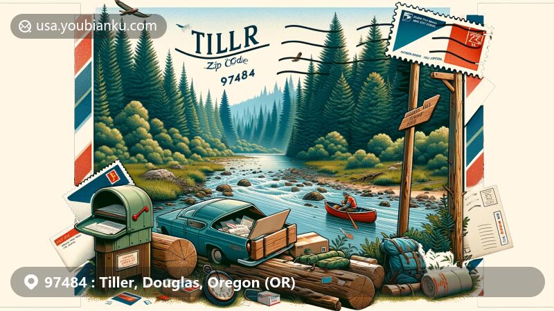 Modern illustration of Tiller, Oregon, highlighting Umpqua National Forest, South Umpqua River, and outdoor activities, with vintage postcard design and ZIP code 97484, showcasing rural charm and outdoor lifestyle.