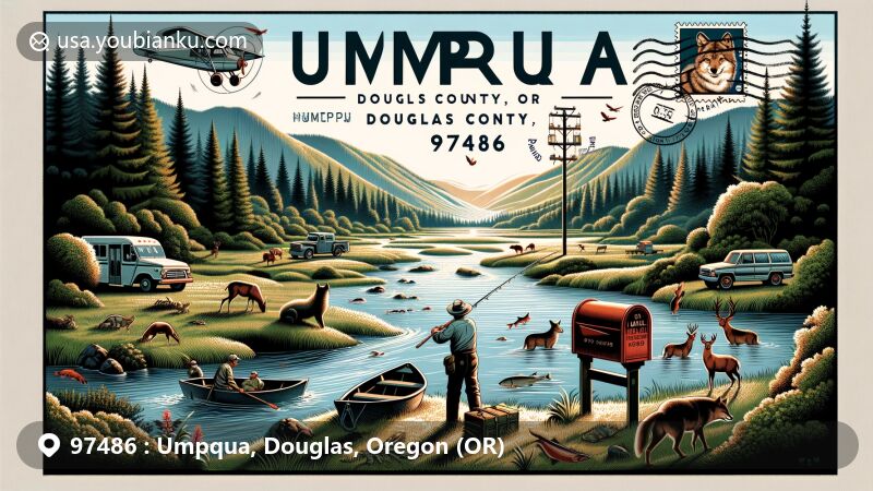 Modern illustration of Umpqua area, Douglas County, Oregon (OR), showcasing rural landscape, mild climate, outdoor activities, and local wildlife, with postal theme featuring vintage air mail envelope and Umpqua River postage stamp.