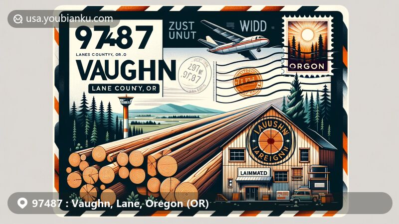 Modern illustration of Vaughn, Lane County, Oregon, showcasing postal theme with ZIP code 97487, featuring airmail envelope with stamp and postmark, reflecting local lumber industry.