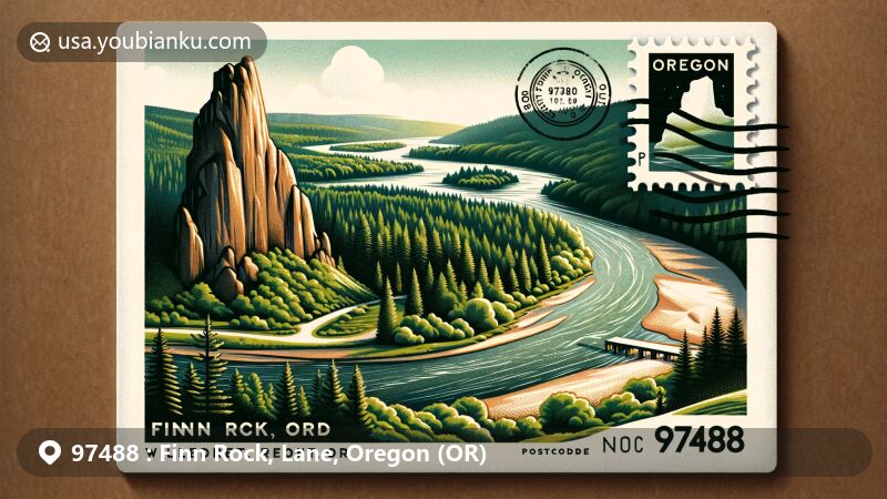 Creative postcard of Finn Rock, Lane County, Oregon, featuring iconic rock formation, Willamette National Forest, and McKenzie River. Postage stamp with scenic view, postal cancellation mark 'Finn Rock, OR' and date 97488.