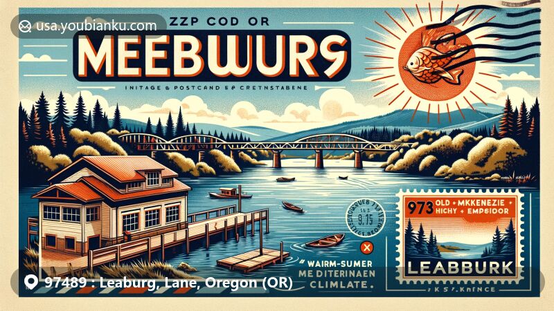 Modern illustration of Leaburg, Lane County, Oregon, showcasing postal theme with ZIP code 97489, featuring McKenzie River, Old McKenzie Fish Hatchery, Leaburg Lake, and warm-summer Mediterranean climate symbol.