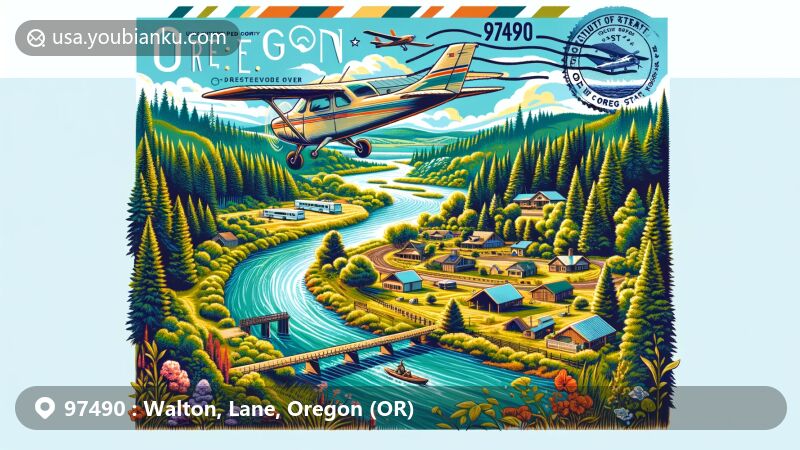 Modern illustration of Walton, Lane County, Oregon, showcasing serene woodlands, Siuslaw River, Camp Lane retreat, Walton community history, Oregon Route 126, aviation-themed envelope with ZIP code 97490, stamp of Oregon state flag, local flora and fauna.
