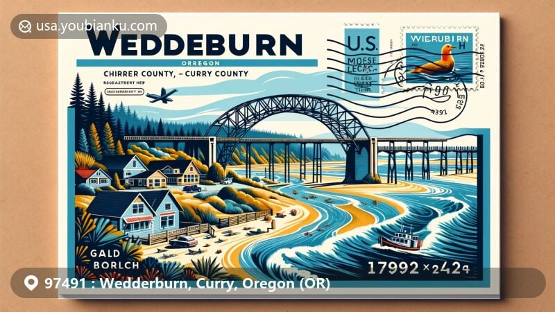 Modern illustration of Wedderburn, Curry County, Oregon, featuring Isaac Lee Patterson Bridge and Rogue River, with postal theme and Oregon South Coast elements.
