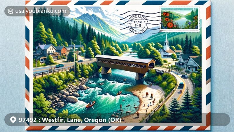 Modern illustration of Westfir, Lane, Oregon (OR), featuring iconic Office Covered Bridge and lush forest scenery in Lane County, blending postal heritage with outdoor adventure.