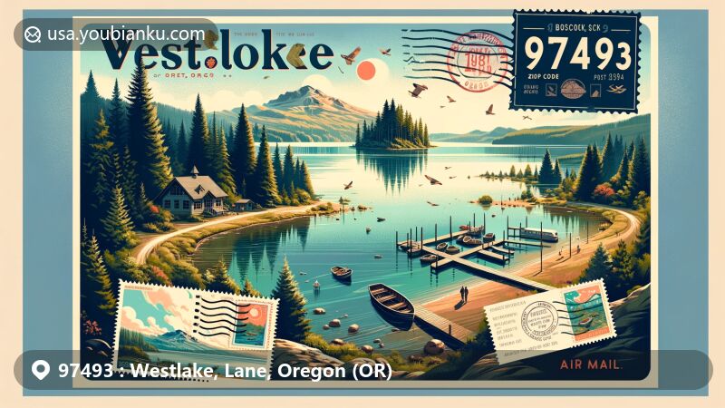 Modern illustration of Westlake, Oregon, showcasing Siltcoos Lake, Booth Island, and ZIP code 97493, with artistic postal elements evoking exploration and nature.