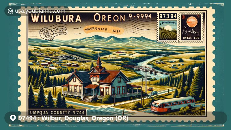 Modern illustration of Wilbur, Douglas County, Oregon, highlighting ZIP code 97494, featuring historical schoolhouse of Umpqua Academy founder James H. Wilbur, postal stamp with Douglas County outline, and rural character.