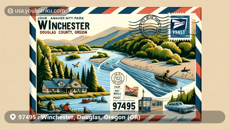 Modern illustration of Winchester, Douglas County, Oregon, representing ZIP code 97495 with air mail envelope design, featuring John P. Amacher County Park, Umpqua River, and Winchester Post Office.
