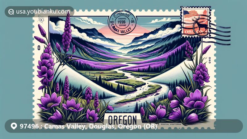 Modern illustration of Camas Valley, Douglas County, Oregon, with blooming Camas flowers in vibrant purple hue, Coquille River, and mystical fog. Postcard motif with vintage stamp, Oregon state flag, postal mark '97496 Camas Valley, OR'.