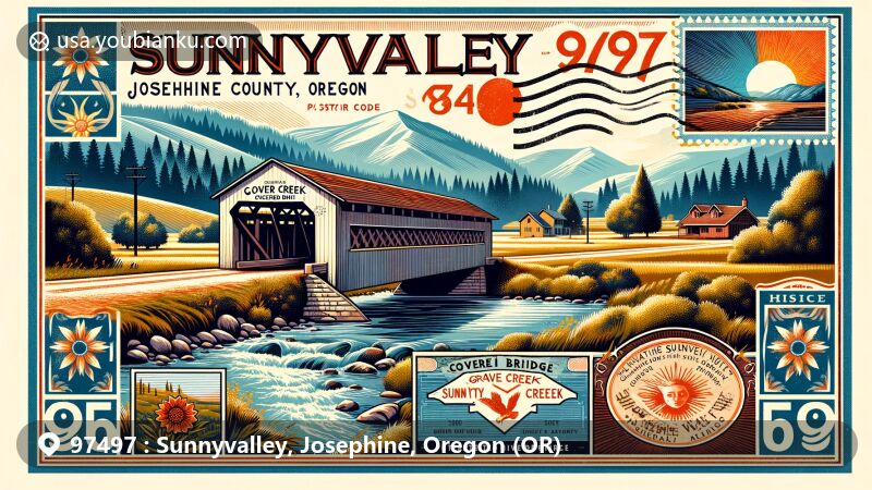 Modern illustration of Sunnyvalley, Oregon, highlighting Grave Creek Covered Bridge, sunny meadows, and creeks, with a vintage postcard layout featuring ZIP code 97497.