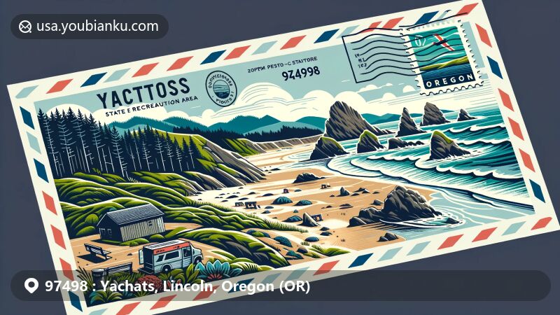 Modern illustration of Yachats, Oregon, highlighting coastal greenery and rocky formations of Yachats State Recreation Area, depicted in a postcard motif with ZIP Code 97498 and Oregon state flag.