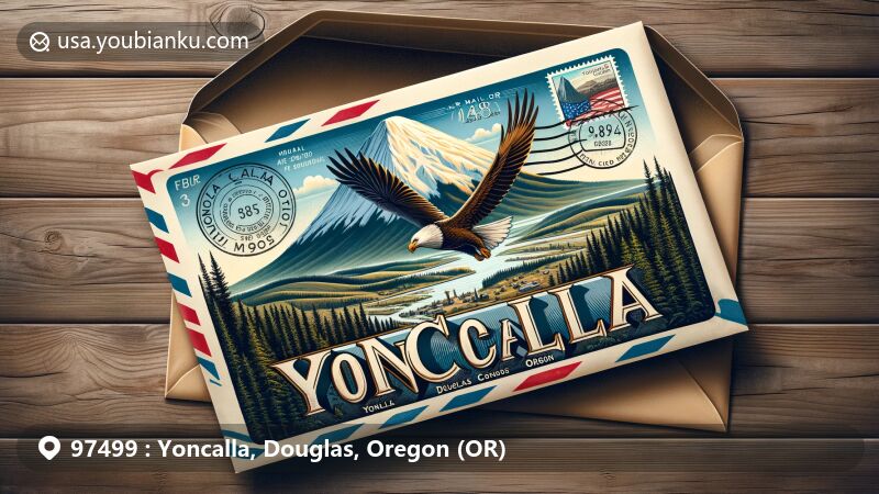 Modern illustration of Yoncalla, Douglas County, Oregon, representing postal code 97499 with Mount Yoncalla, eagle motif, and rustic charm of the town.