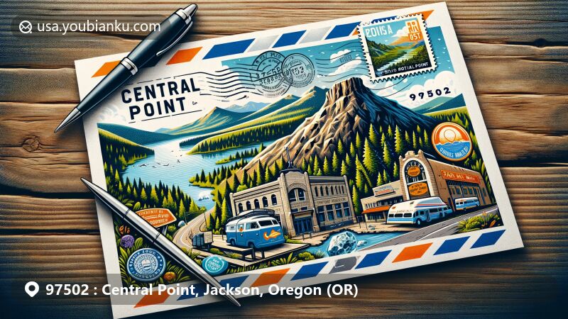 Modern illustration of Central Point, Oregon, showcasing Crater Rock Museum, Rogue Valley greenery, and a vintage air mail envelope with postal elements and the ZIP Code 97502.