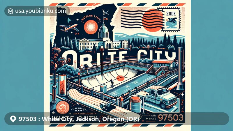 Modern illustration of White City, Jackson County, Oregon, inspired by the ZIP code 97503, featuring the Oregon state flag, Jackson County map, Josephson Skate Park, natural elements, and postal motifs.