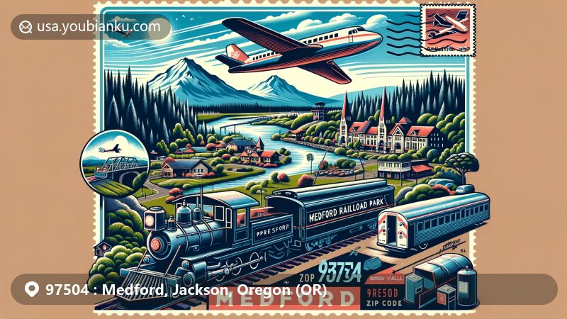 Wide-format illustration of Medford, Jackson County, Oregon, blending iconic landmarks and cultural elements, featuring Prescott Park, Medford Railroad Park, and Rogue Valley International-Medford Airport, with vintage postal elements and ZIP code 97504.