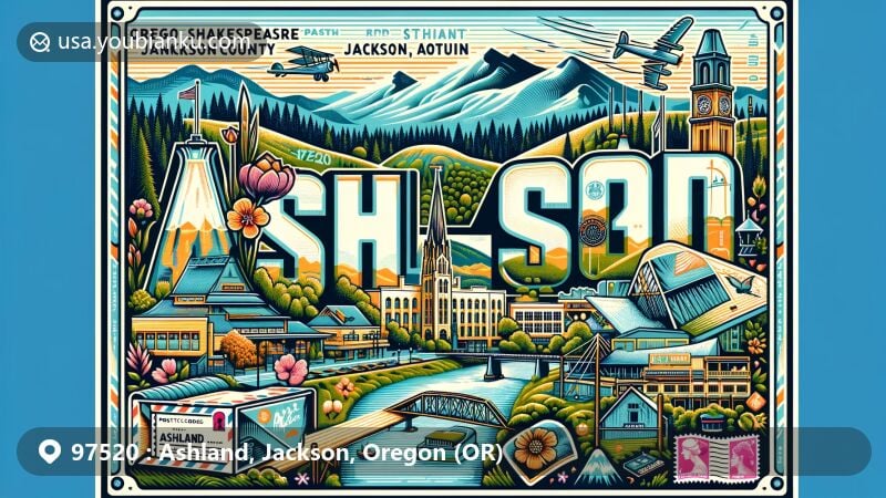 Modern illustration of Ashland, Jackson County, Oregon, featuring postal theme with ZIP code 97520, showcasing iconic landmarks like the Oregon Shakespeare Festival, Southern Oregon University, Lithia Park, and Jackson Wellsprings against the Rogue Valley and Siskiyou mountains backdrop.