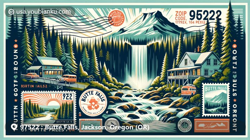 Modern illustration of Butte Falls, Oregon, showcasing postal theme with ZIP code 97522, featuring Mount McLoughlin, Butte Falls waterfall, E.W. Smith House, and local outdoor activities like hiking and camping.